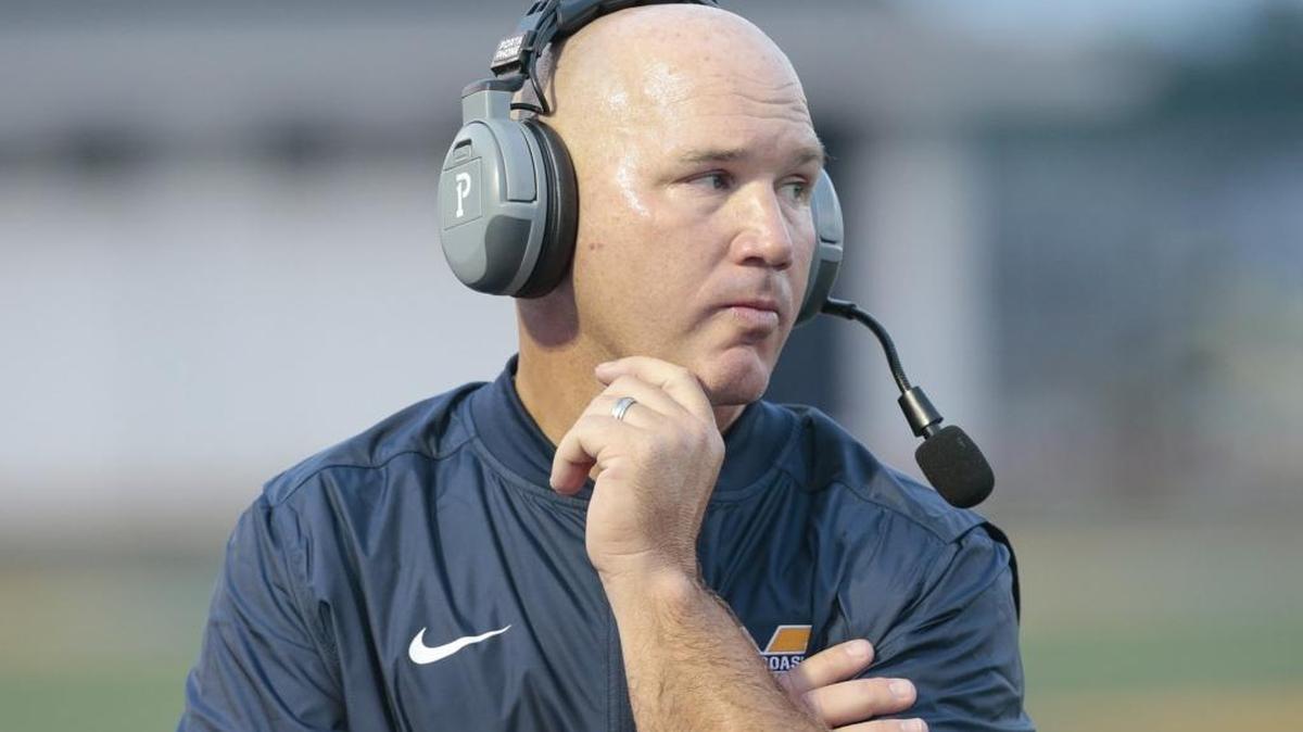 Mississippi Gulf Coast CC Bulldogs head coach Chad Huff watches his offense work during the game between Ittawamba CC and MGCCC at A.L. May Memorial Stadium, Perkinston, MS, Thursday, August 31, 2017. MGCCC fell at East Mississippi on Thursday.