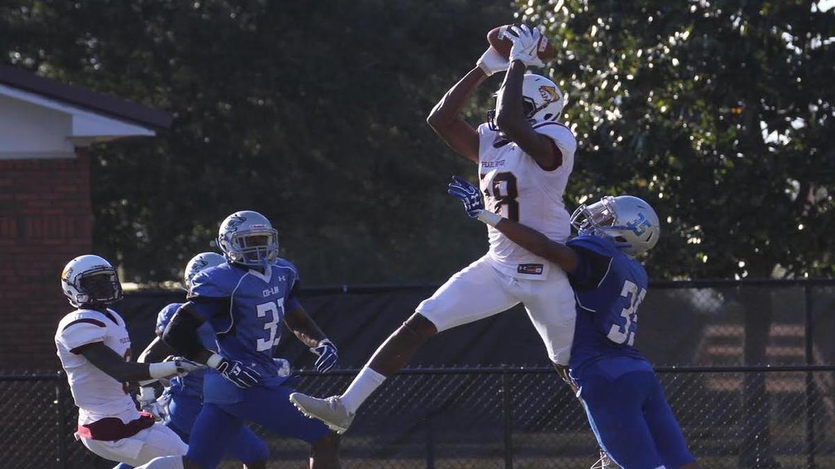 Pearl River wide receiver Jay Banks Jr. leaps high in the air to catch a touchdown pass against Copiah-Lincoln Saturday at Poplarville.