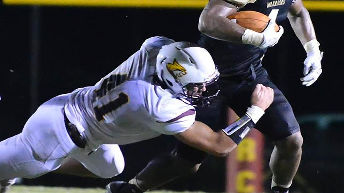 Pearl River freshman linebacker Chase Crosby, formerly of Harrison Central, brings down East Central quarterback Dom Marino during action two weeks ago at Dobie Holden Stadium.