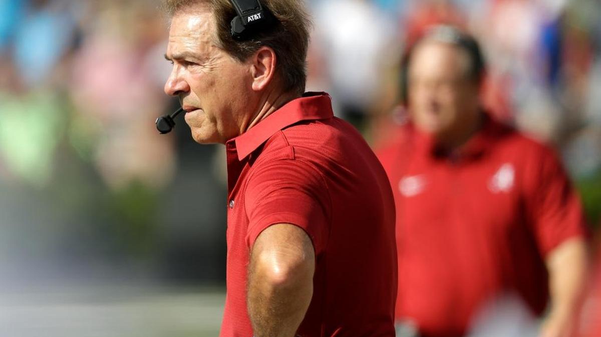 Alabama head coach Nick Saban watches from the sideline in the first half of an NCAA college football game against Vanderbilt Saturday, Sept. 23, 2017, in Nashville, Tenn.