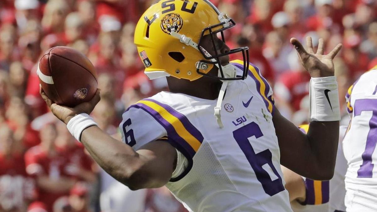 LSU quarterback Brandon Harris throws during the first half of an NCAA college football game against Wisconsin Saturday, Sept. 3, 2016, in Green Bay, Wis.
