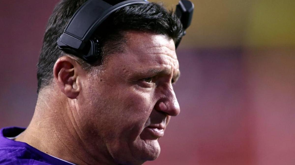 LSU's Ed Orgeron watches from the sideline during the second half of an NCAA college football game against Arkansas, Saturday, Nov. 12, 2016, in Fayetteville, Ark.