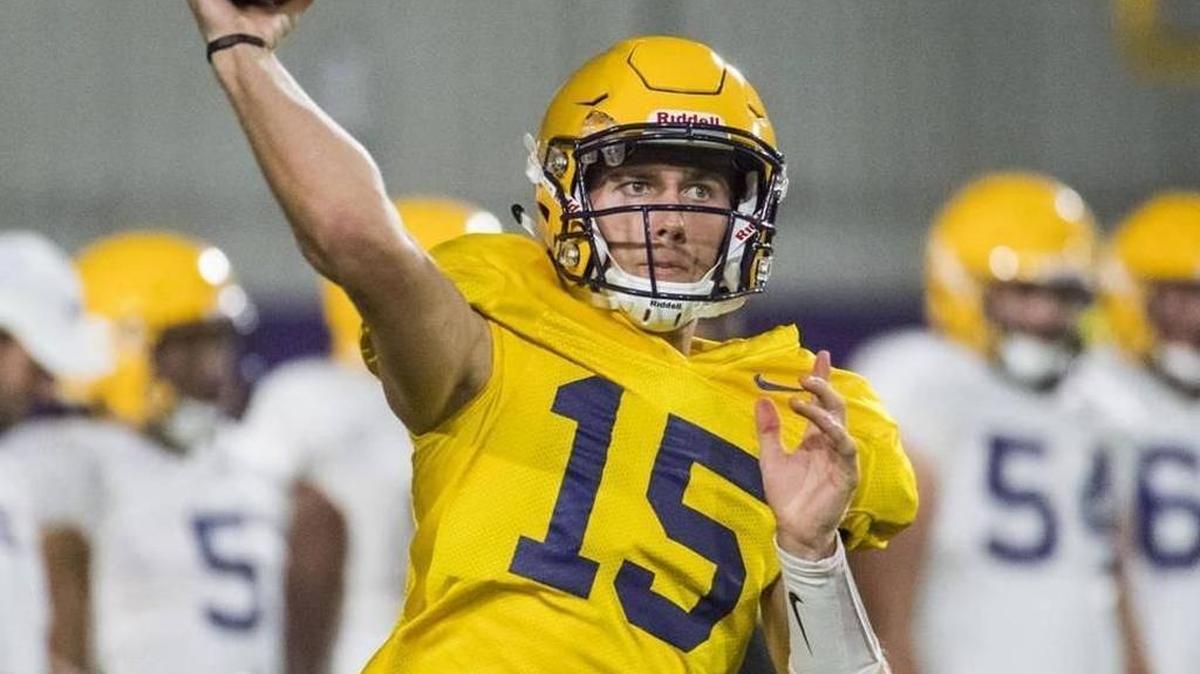LSU quarterback Myles Brennan during practice on Aug. 5, 2017.