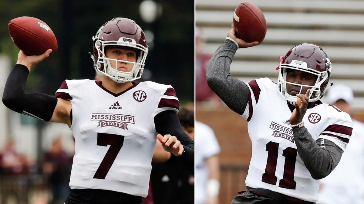 FILE - At left, in an April 16, 2015, file photo, Mississippi State White squad quarterback Nick Fitzgerald (7) attempts to pass against the Maroon squad during the second half of a spring NCAA college football game, in Starkville. At right, in the same game, Mississippi State White squad quarterback Damian Williams (11) throws a pass against the Maroon squad. It's not Mississippi State coach Dan Mullen's style to reveal much about his depth chart before the first game, so it came as quite a surprise when he announced a starting quarterback during this week's press conference. His choice: Nick Williams. Only one problem, no such player exists on the roster. Can't say the coach doesn't have a sense of humor. The joke was a combination of the names of the two quarterbacks, junior Damian Williams and sophomore Nick Fitzgerald, who have worked their way to the top of Mississippi State's depth chart.