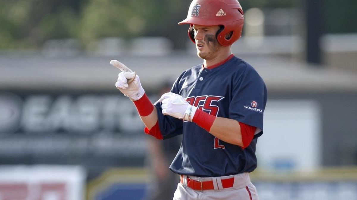 South Alabama's Dylan Hardy reaches first base during Mississippi State - South Alabama baseball game at the Hattiesburg Regional Tournament, Friday, June 2, 2017. Hardy led off the game with a home run on the first pitch.
