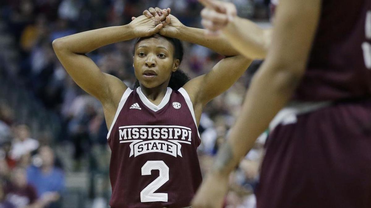 Mississippi State guard Morgan William (2) reacts after a foul call. The Lady Bulldogs fell to South Carolina 67-55 in the women’s Final on Sunday.