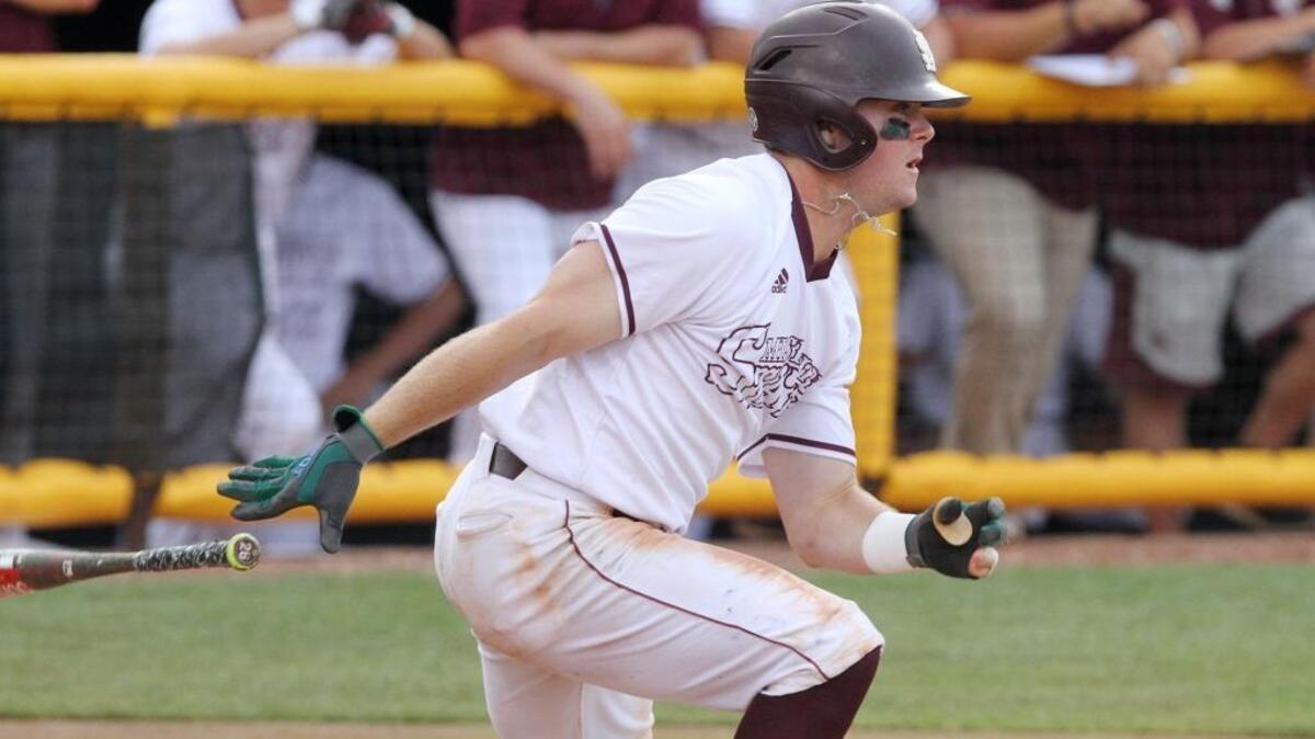 Mississippi State's Cody Brown hits a single in the first inning of their NCAA Regional baseball game against South Alabama at Pete Taylor Park in Hattiesburg on Sunday, June 4, 2017. Brown hit a three-run homer in the third to give MSU a 5-1 lead.