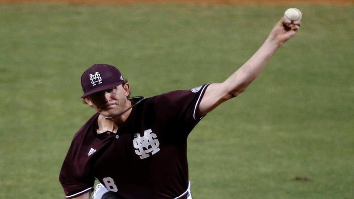 Mississippi State pitcher Konnor Pilkington, a Hurley native throws during the first inning of an NCAAsuper regional game against LSU in Baton Rouge, La., Saturday.