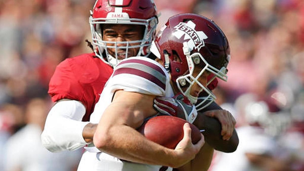 Alabama linebacker Tim Williams, left, sacks Mississippi State quarterback Nick Fitzgerald, right last week. The Bulldogs host Arkansas.
