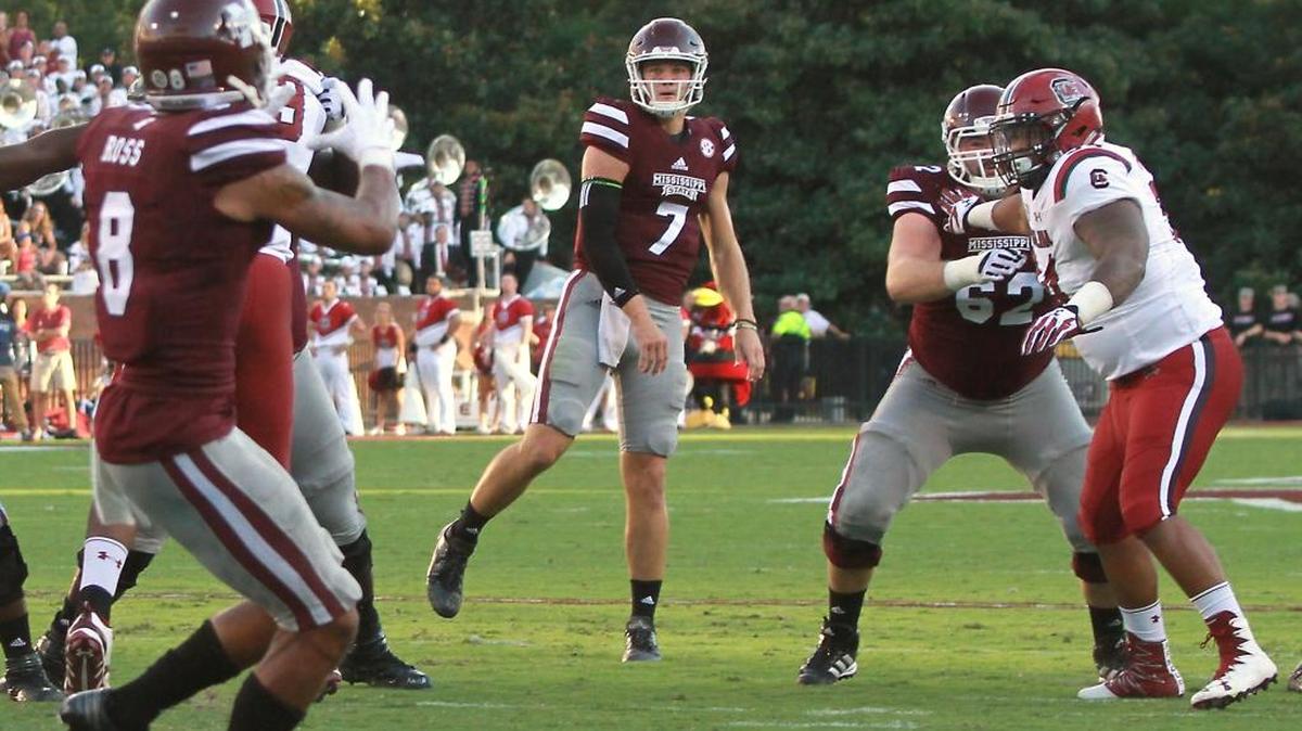Mississippi State quarterback Nick Fitzgerald (7) throws a touchdown pass to wide receiver Fred Ross (8) against South Carolina in Starkville Saturday.