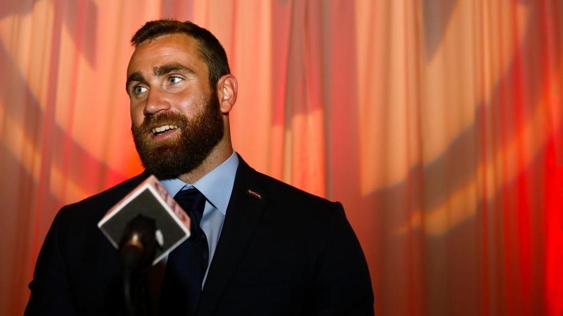 Mississippi State linebacker Richie Brown speaks to the media at the Southeastern Conference on July 12 in Hoover, Ala.