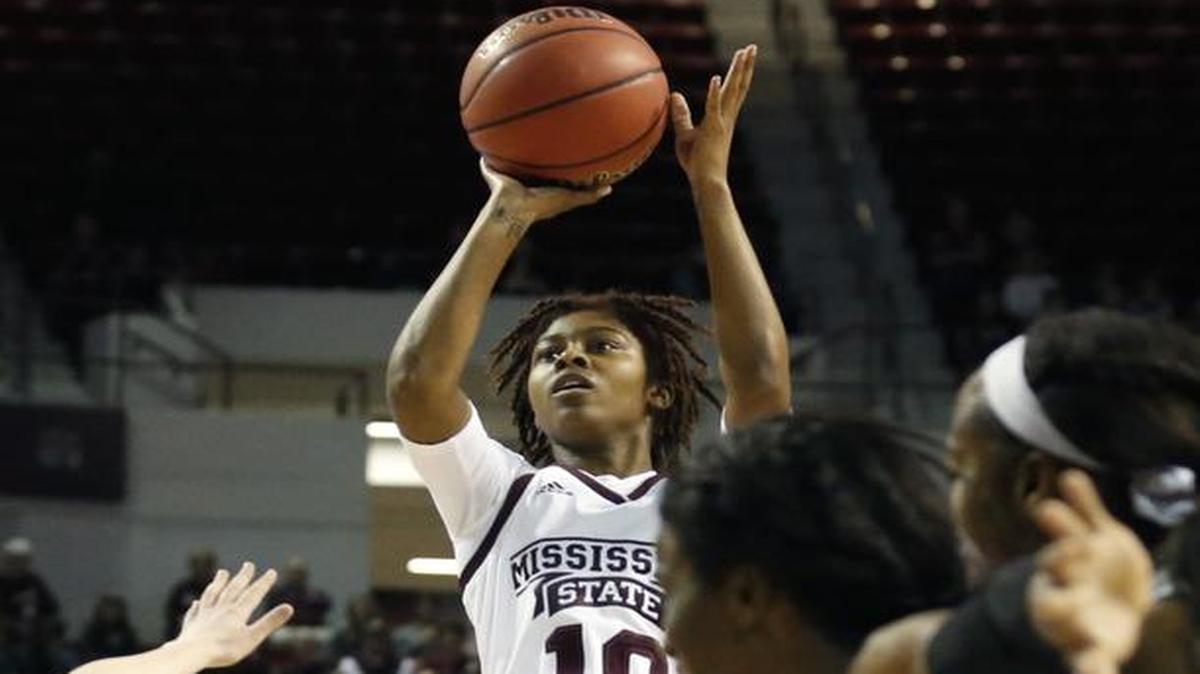 Mississippi State guard Jazzmun Holmes (10) shoots against DePaul during the NCAA Tournament game in Starkville, March 19.