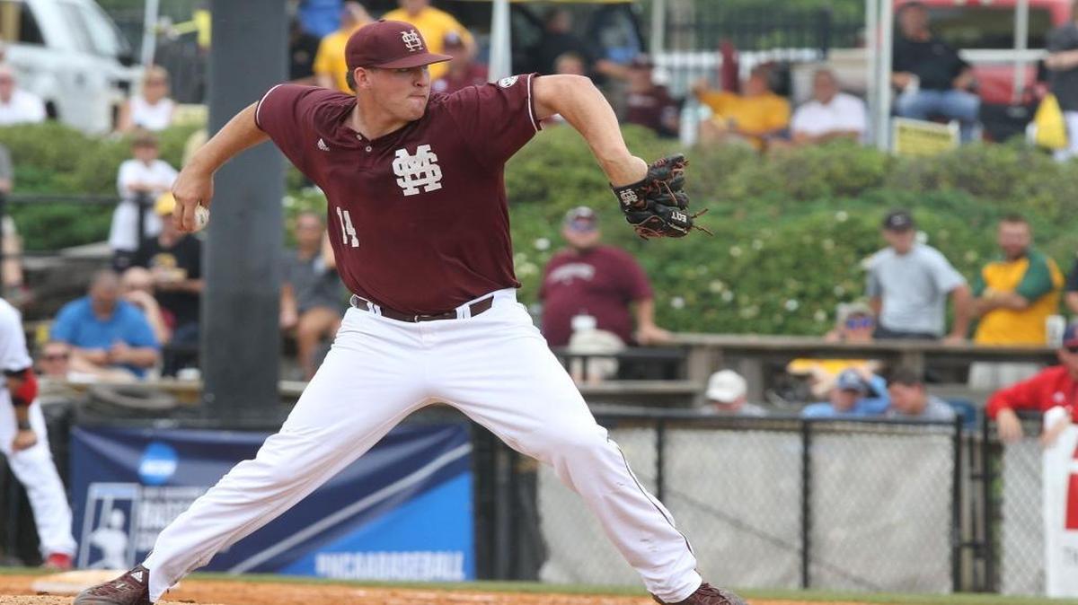 Mississippi State relief pitcher Riley Self throws against Illinois-Chicago during the eighth inning of their NCAA Regional baseball game at Pete Taylor Park in Hattiesburg on Sunday, June 4, 2017.