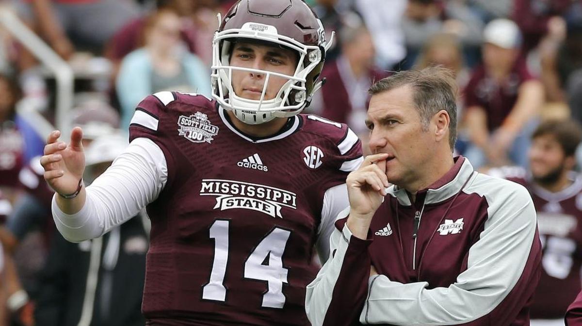 Mississippi State coach Dan Mullen, shown with reserve quarterback Nick Tiano, told the media on Monday his team can’t overlook Samford on Saturday just because it’s a FCS program. Mullen called the Bulldogs one of the best FCS teams he has played at MSU.