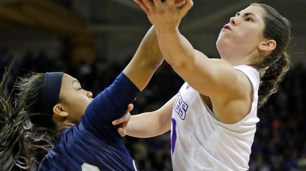 Washington's Kelsey Plum, right, drives as Montana State's Oliana Squires defends. Mississippi State faces Washington and all-time scoring leader Kelsey Plum in a Sweet 16 matchup in Oklahoma City.