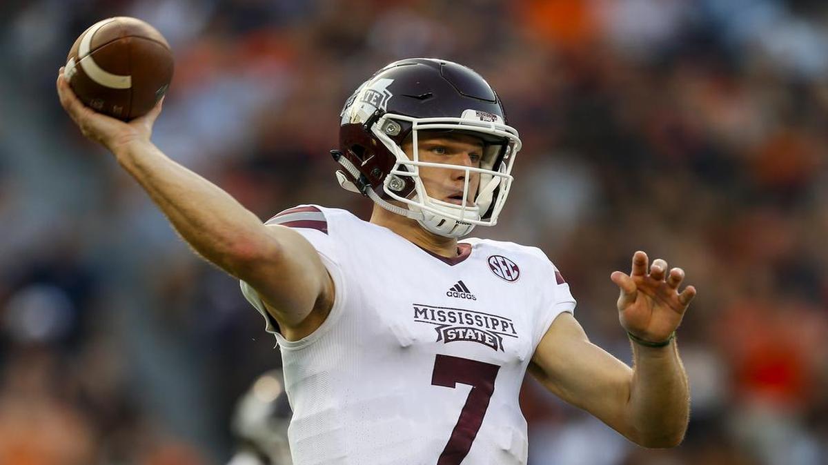 Mississippi State quarterback Nick Fitzgerald (7) throws a pass against Auburn, Saturday in Auburn, Ala.