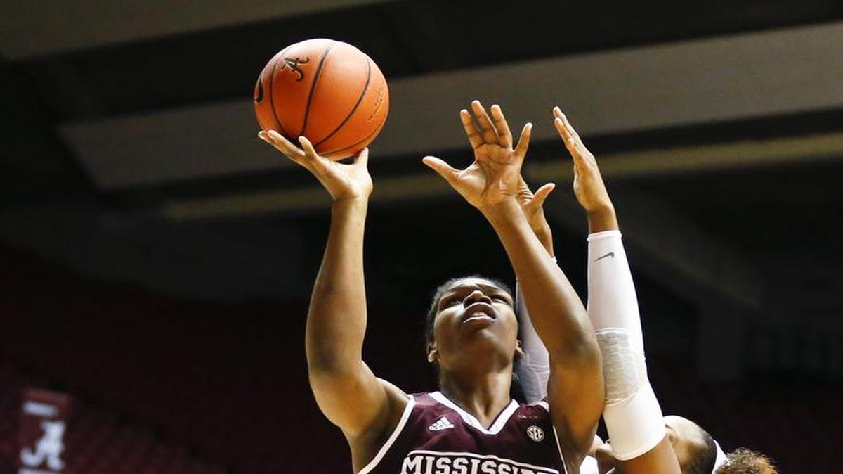 Mississippi State center Teaira McCowan shoots against Alabama.
