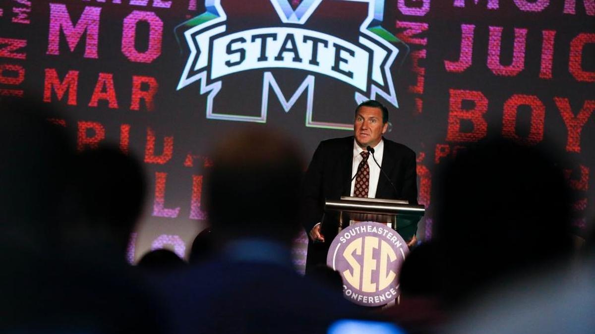 Mississippi State coach Dan Mullen speaks to the media at the Southeastern Conference football media days, Tuesday, July 12, 2016, in Hoover, Ala.