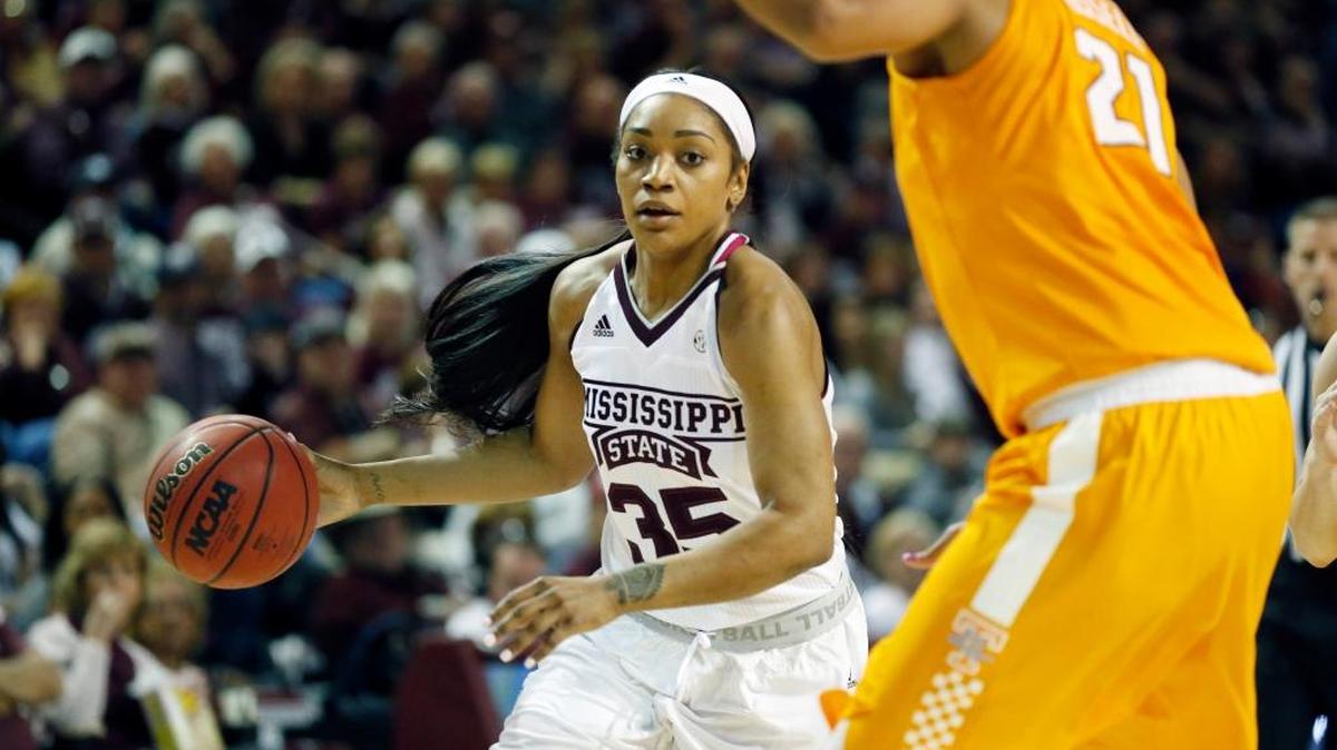 Mississippi State forward Victoria Vivians (35) drives against Tennessee center Mercedes Russell (21).