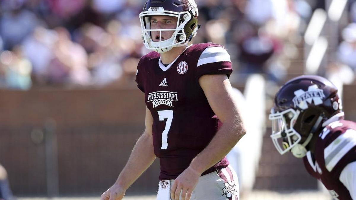 Mississippi State quarterback Nick Fitzgerald (7) looks to the sideline for the play to call during a game against BYU Saturday in Starkville.