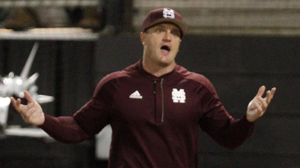 Mississippi State coach Andy Cannizaro questions a move by Southern Miss during the eighth inning of their game at Pete Taylor Park in Hattiesburg on Friday.