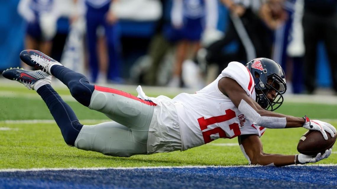 Ole Miss wide receiver Van Jefferson scores a touchdown against Kentucky.