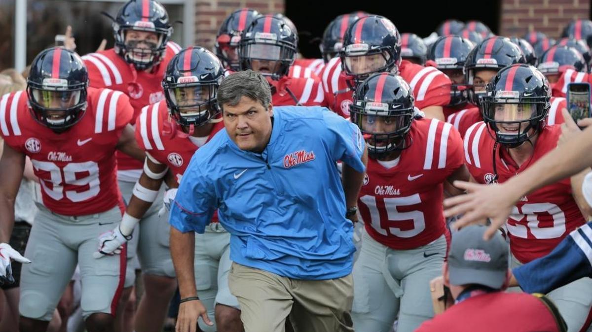 Ole Miss Rebels head coach Matt Luke leads his team onto the field before the game between Ole Miss and South Alabama at Vaught-Hemmingway Stadium, Oxford, MS, Saturday, September 2, 2017. The Rebels expect to find out the NCAA’s decision on its investigation into recruiting violations on Friday.