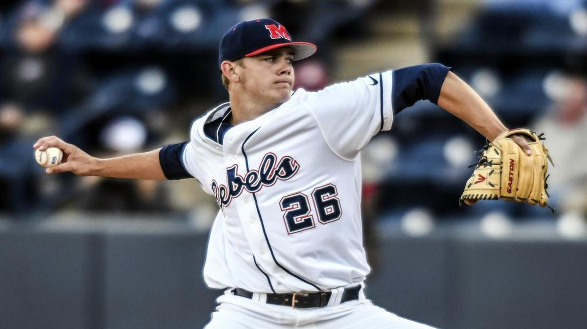 Ole Miss pitcher James McArthur (26) throws against Alabama in Oxford, Miss. on Friday, April 7, 2017. (Bruce Newman/The Oxford Eagle via AP)