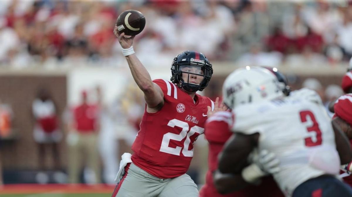 Ole Miss Rebels quarterback Shea Patterson (20) passes in the red zone during the game between Ole Miss and South Alabama at Vaught-Hemmingway Stadium, Oxford, MS, Saturday, September 2, 2017.