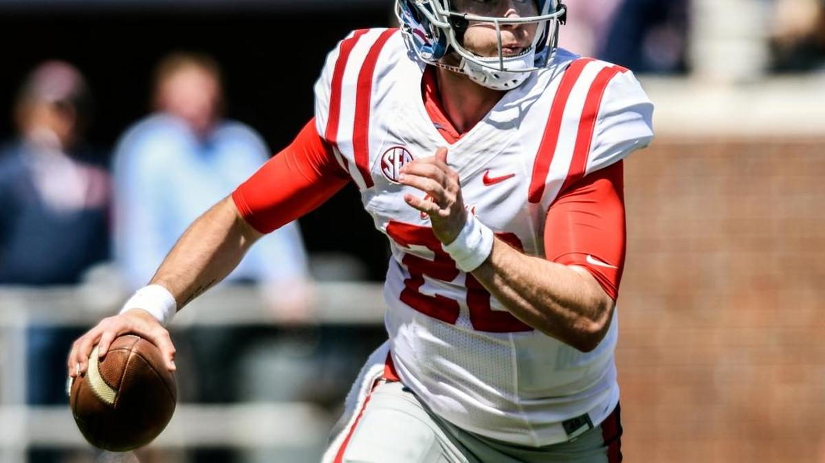 Ole Miss quarterback Shea Patterson (20) looks to pass during the Grove Bowl spring football game at Vaught-Hemingway Stadium in Oxford Saturday.