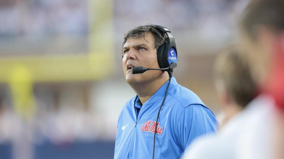 Ole Miss head coach Matt Luke watches a play under review on the scoreboard video screen during the game between Ole Miss and South Alabama at Vaught-Hemmingway Stadium in Oxford Saturday.