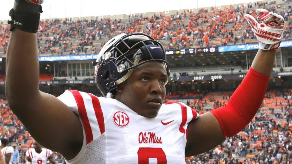 Ole Miss defensive tackle Breeland Speaks (9) celebrates after they defeated Auburn 27-19 Oct. 31, 2015, in Auburn, Ala. Speaks has declared for the NFL Draft.