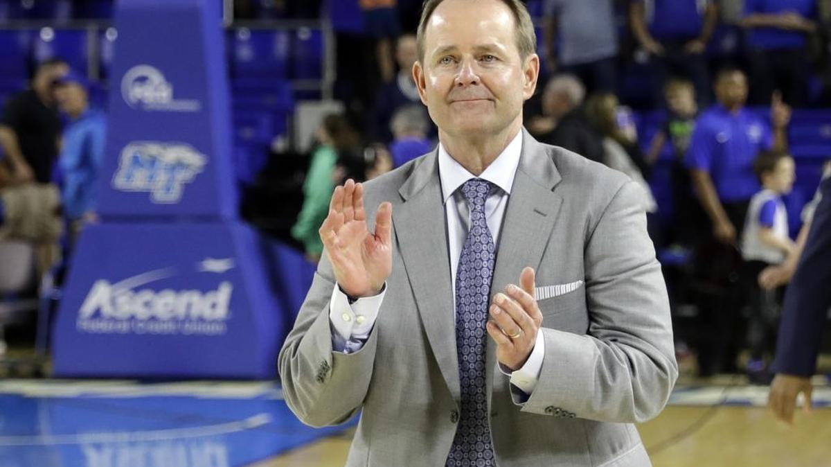 Middle Tennessee head coach Kermit Davis leaves the court after an NCAA college basketball game against UAB on Feb. 24, 2018, in Murfreesboro, Tenn. Middle Tennessee won 79-54. Davis is leaving MTSU for Ole Miss.