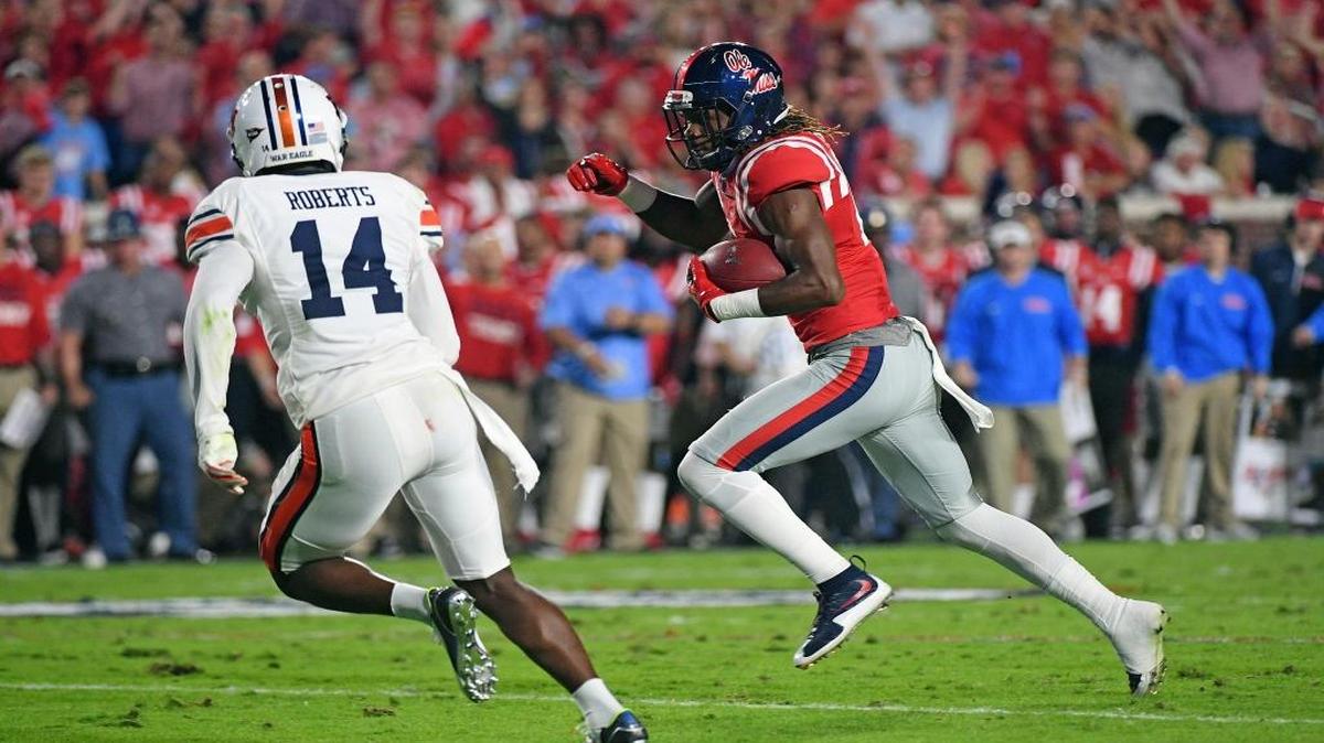 Ole Miss wide receiver Markell Pack (11) looks for room past Auburn defensive back Stephen Roberts (14). The Rebels host Georgia Southern on Saturday.