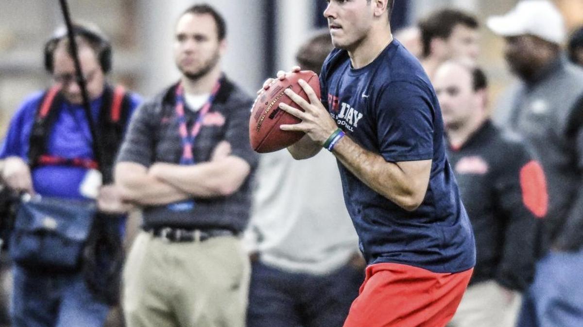 Former Ole Miss quarterback Chad Kelly throws during the Ole Miss Pro Day, at the Manning Center in Oxford on April 3.