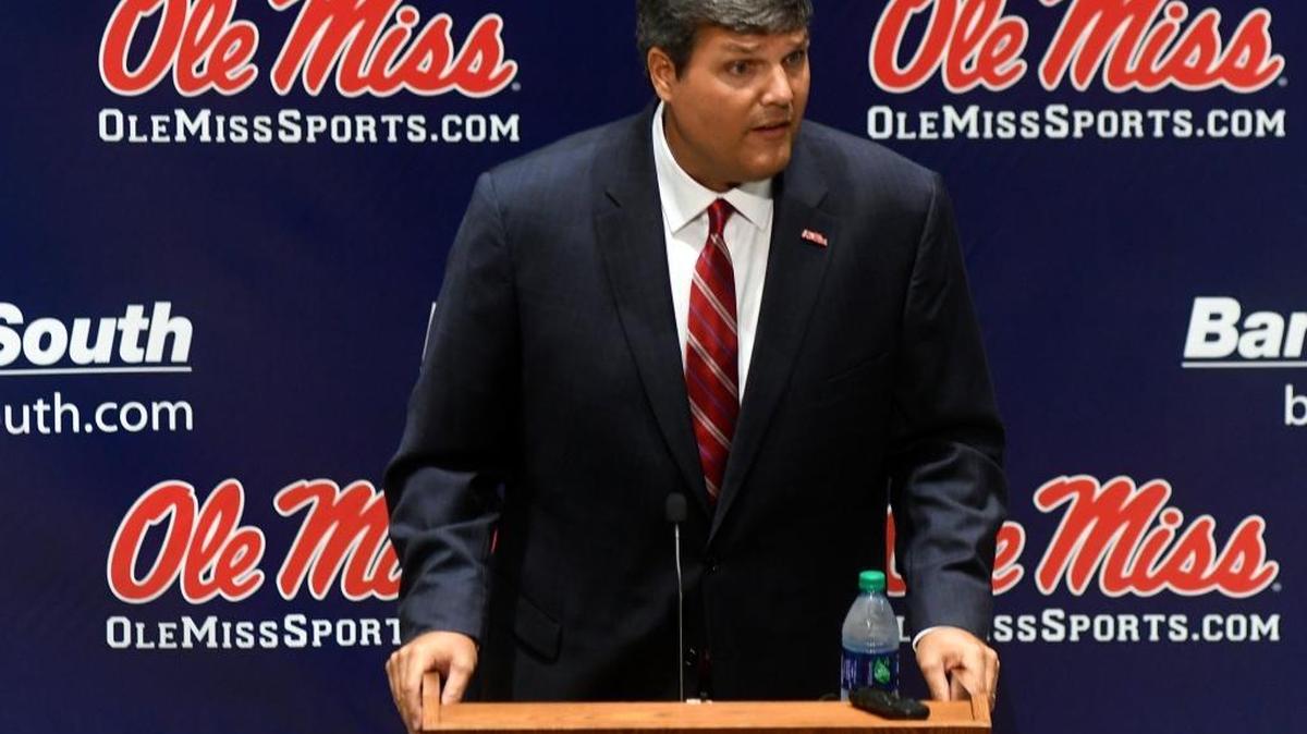 Ole Miss interim head coach Matt Luke speaks at a press conference in Oxford on Monday. Luke replaces Hugh Freeze, who resigned last Thursday amid a number of on and off the field issues.