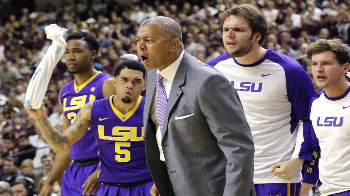 LSU head coach Johnny Jones encourages his players during the first half of an NCAA college basketball game against Texas A&M Tuesday, Jan. 19, 2016, in College Station, Texas. 