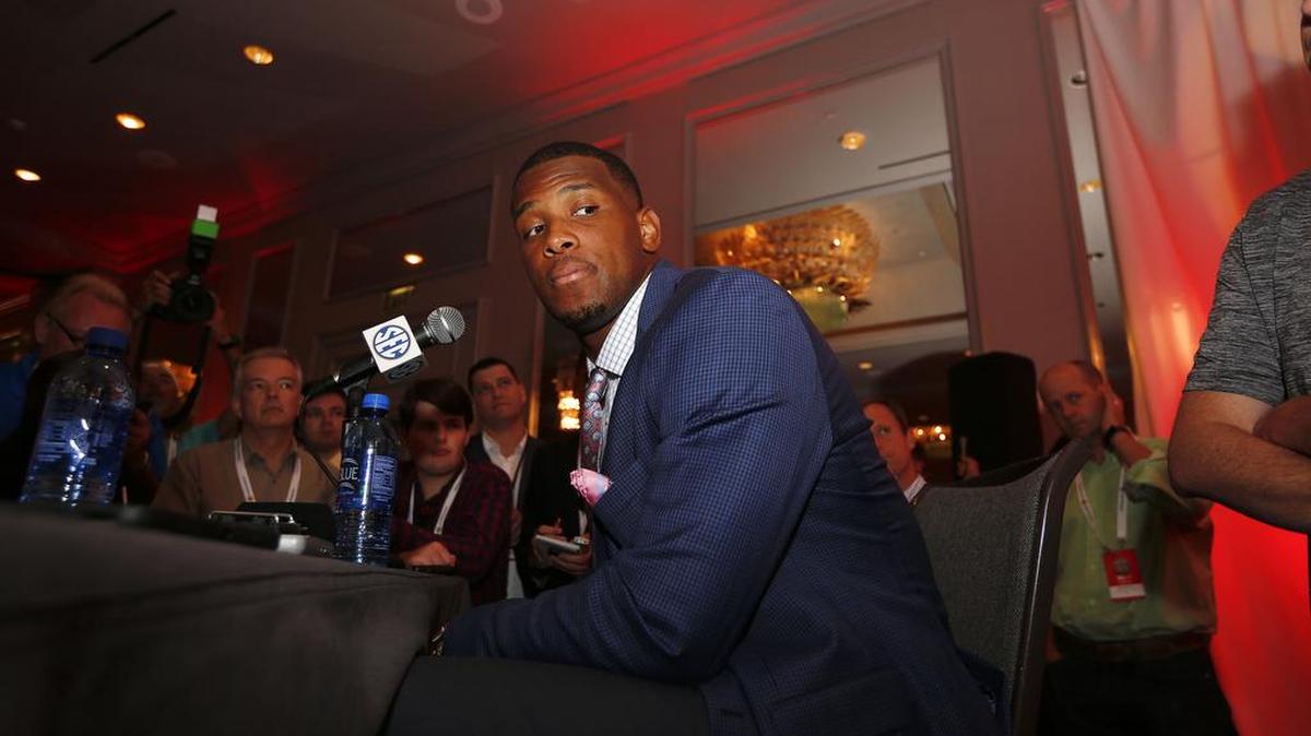 Alabama tight end O.J. Howard speaks to the media at the Southeastern Conference football media days Wednesday in Hoover, Ala.