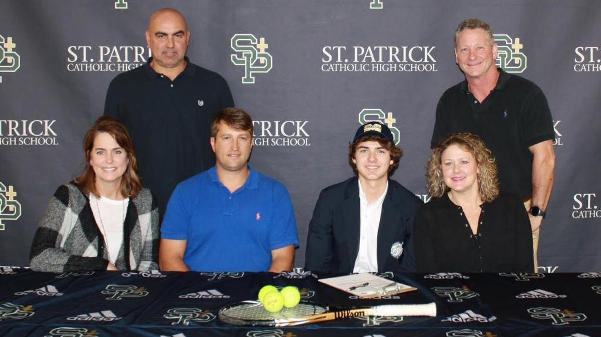 St. Patrick tennis standout Evan Chubb, middle, recently signed with Mississippi Gulf Coast Community College. With Chubb are Sarah Chubb, left, Patrick Chubb, Matt D’Angelo, Mia Frame and Joe Frame.