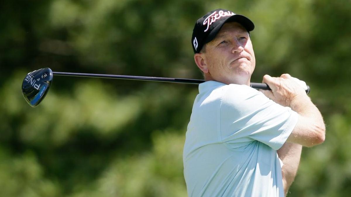 John Inman watches his shot off the ninth tee during the first round of the PGA Tour Champions Principal Charity Classic golf tournament on June 3, 2016, in Des Moines, Iowa.