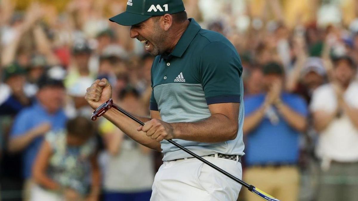 Sergio Garcia, of Spain, reacts after making his birdie putt on the 18th green to win the Masters after a playoff Sunday, April 9, 2017, in Augusta, Ga.