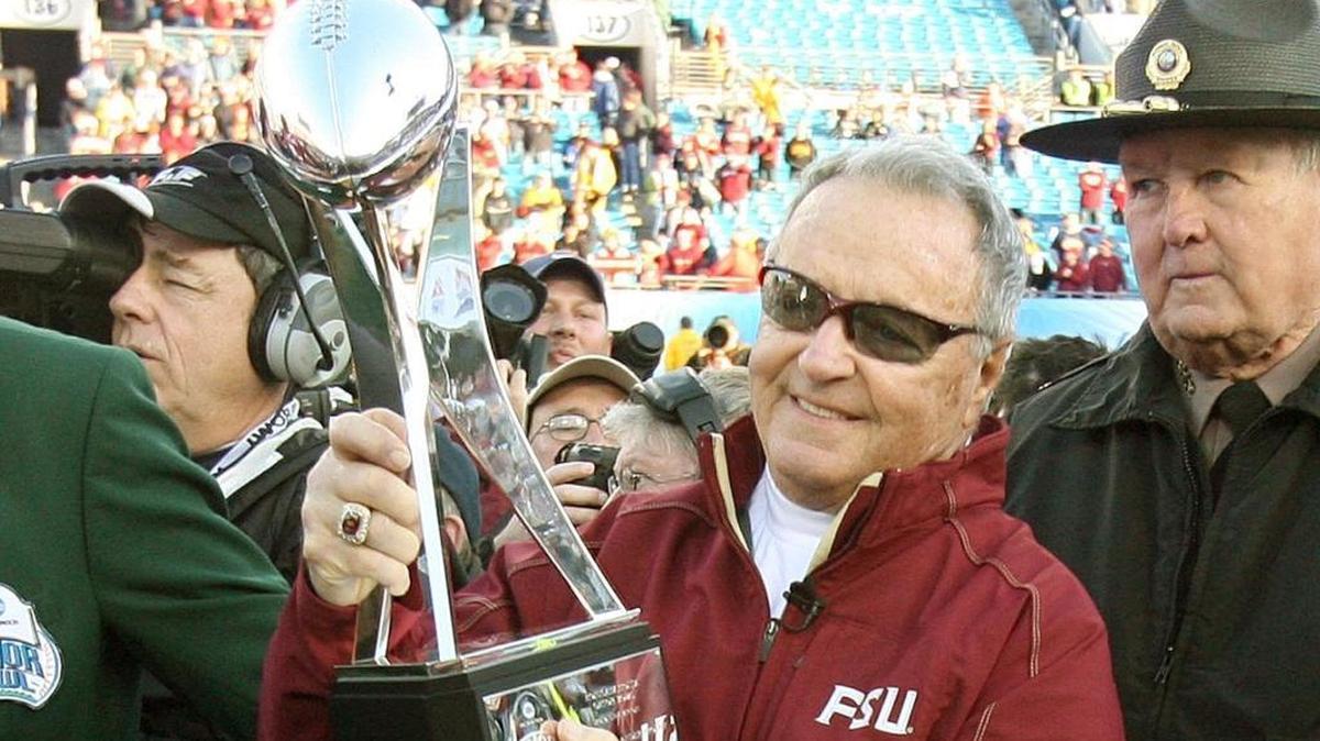 Former Florida State head coach Bobby Bowden holds up the trophy after their 33-21 win over West Virginia in the Gator Bowl, on Friday, Jan. 1, 2010, in Jacksonville, Fla. Bowden will visit the Coast on March 30 to speak at the Mississippi Coast Fellowship of Christian Athletes Good Friday Breakfast of Champions.