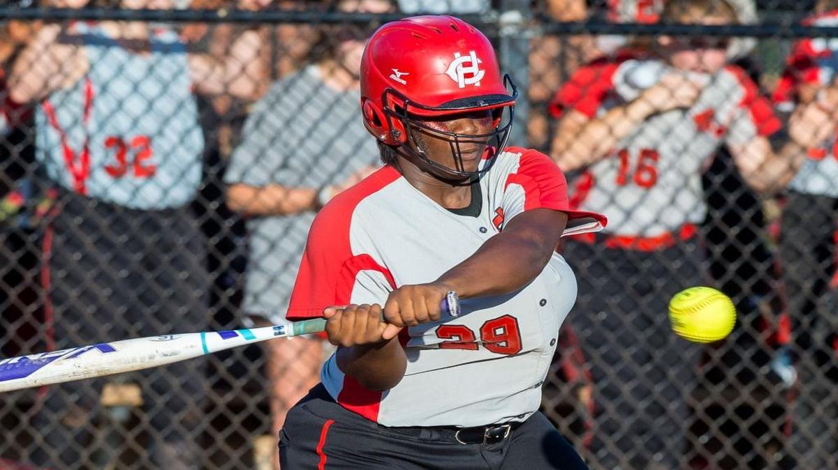 Harrison Central’s Zharia Richardson (29) puts a ball into play against Tupelo during the MHSAA Softball Class 6A Championship Game 2 held in Ridgeland Friday May 12, 2017