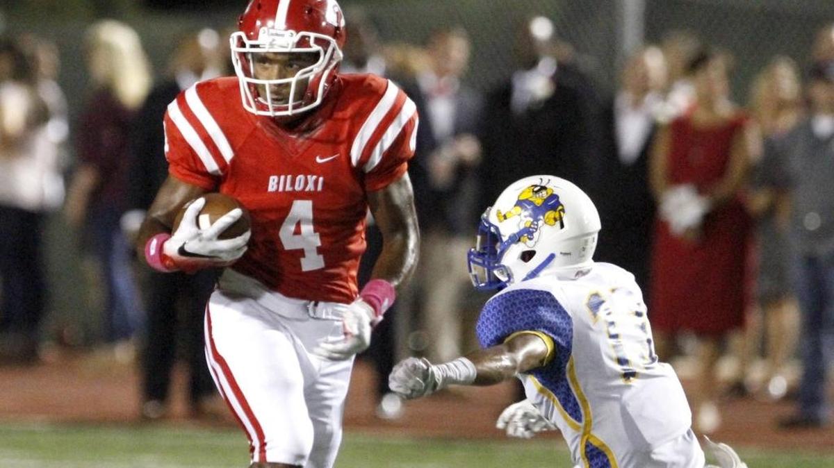 Biloxi receiver Tim Jones races for a 66-yard touchdown against St. Martin after catching a Tucker Thomas pass on Oct. 14, 2016, in Biloxi.