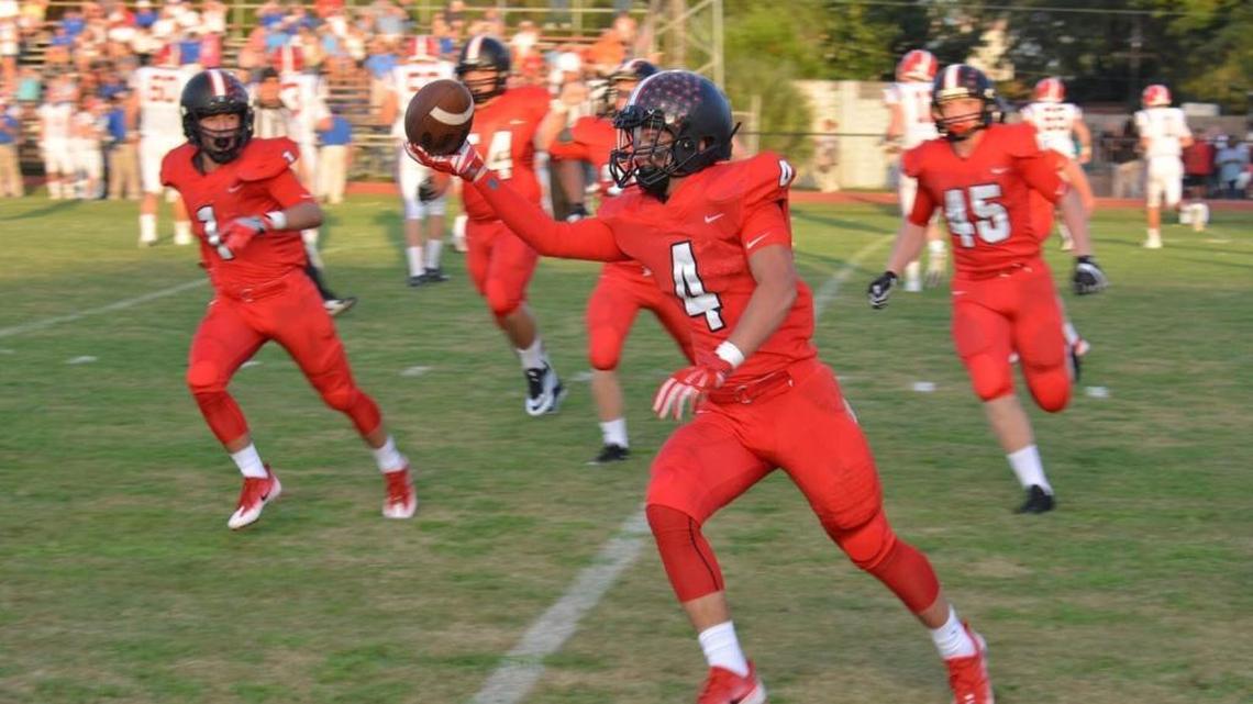 St. Stanislaus’ J.D. Rutherford (4) celebrates after securing his first of two interceptions in Friday’s 49-26 victory over St. Paul’s of Mobile, Alabama.
