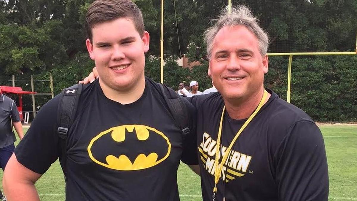 D’Iberville lineman Louis Paul Smith posed for a photo following this weekend’s camp at Southern Miss with coach Jay Hopson. The Golden Eagles later offered Smith, who is only a sophomore.