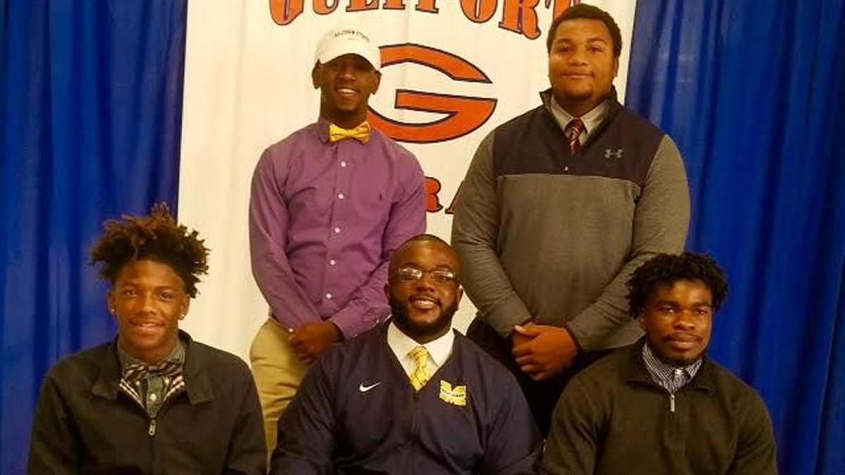 Gulfport High scholarship signees: front row (from left): Lucious Tyson, Dennis Stevenson, Jr., Orlando Brown; back row: Princeton Fells and Nicholas Dunomes.