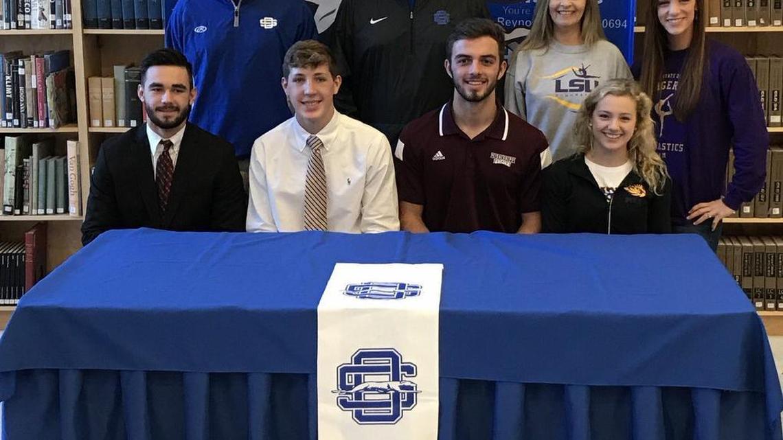 (L-R) Baseball players Cooper Brune and Garrett Crochet signed with Jones County Junior College; receiver AustinWilliams signed with Mississippi State; and gymnast Sarah Edwards signed with LSU.
