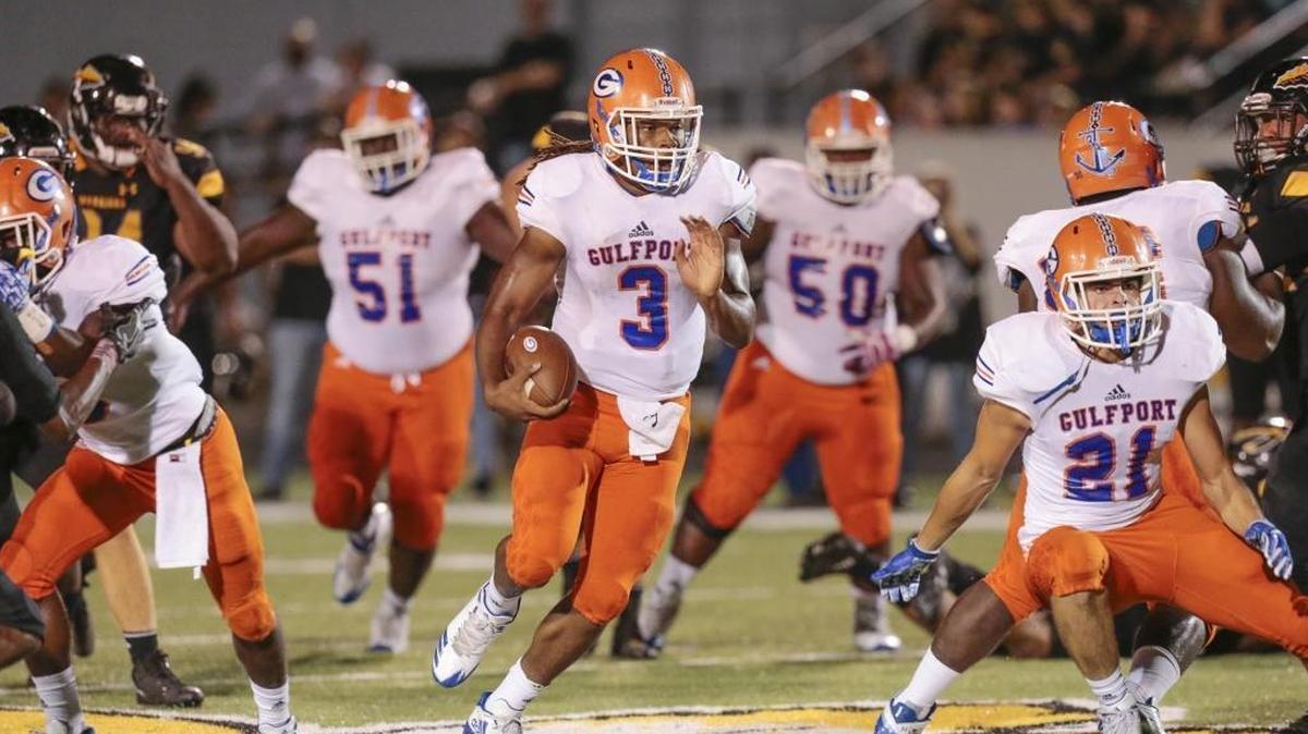 Gulfport quarterback Tq Newsome keeps around the end during the game between D'Iberville and Gulfport, at D'Iberville, Friday, October 20, 2017. GHS announced Thursday it has a new football coach.