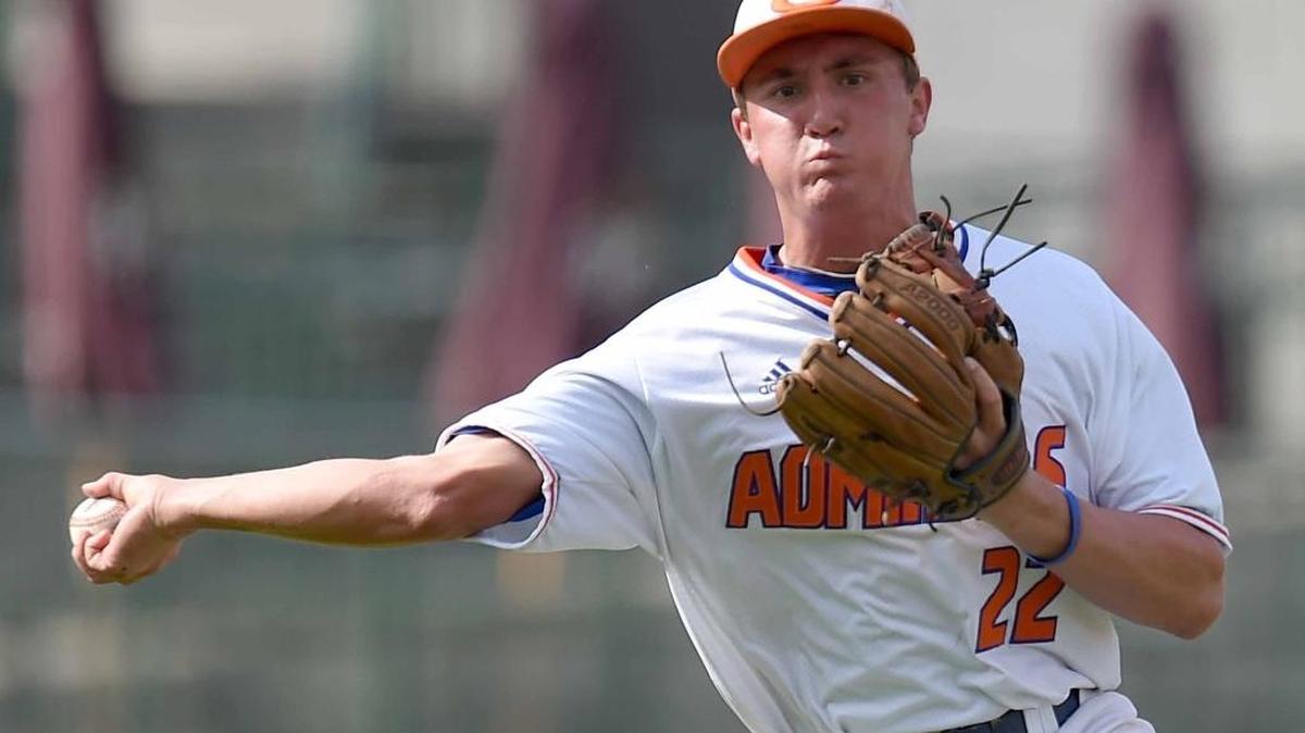 Gulfport shortstop Gabriel Lacy (22) throw out a Tupelo hitter on Thursday, May 18, 2017, in the MHSAA State Baseball Championships at Trustmark Park in Pearl.